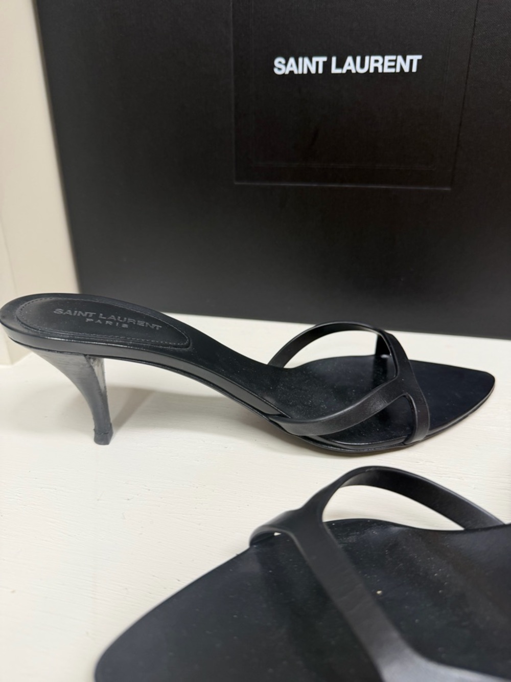 Saint Laurent Black Pointed Slide Heels with Double Strap - Picture 7 of 9